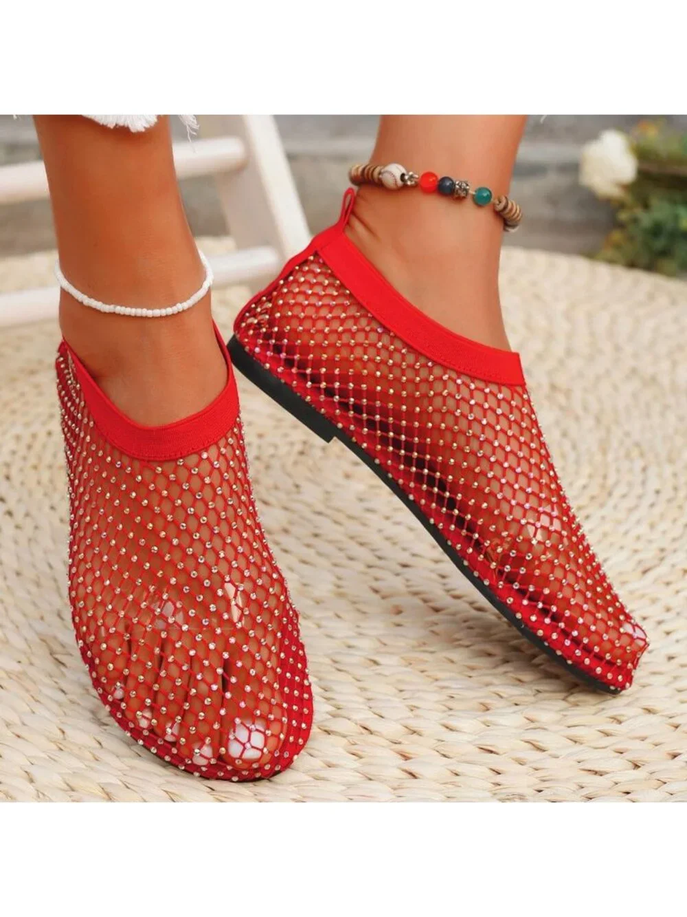 Women's Red Mesh Comfortable Fishnet Low Heel Slip on Rhinestone Flats Shoes